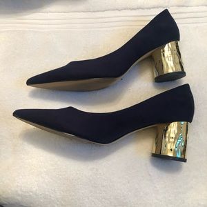 Zara Dark Blue show with Gold block heel. Used Size 8